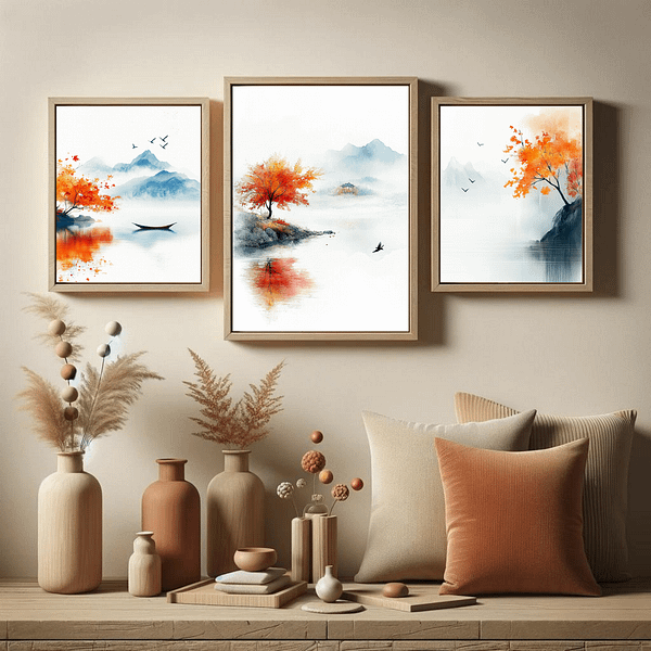 This serene living room features three framed Japandi autumn decor prints in orange and blue above a beige sofa. The minimal decor with side tables and cushions completes the calming, neutral-toned, minimalist aesthetic.