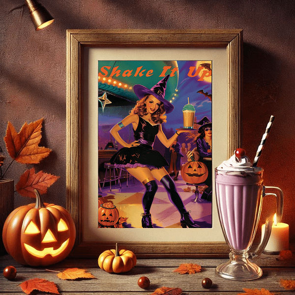 A framed retro Halloween decor in a wooden frame, surrounded by a jack-o'-lantern, autumn leaves, and a purple milkshake. Warm tones of orange and purple create a cozy Halloween atmosphere.