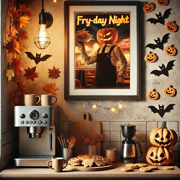 A cozy Halloween kitchen scene with a 3:4 picture frame on the wall above a coffee station, displaying Retro Halloween Diner Art, surrounded by pumpkins, bat decorations, and cookies. Warm lighting enhances the autumn atmosphere.