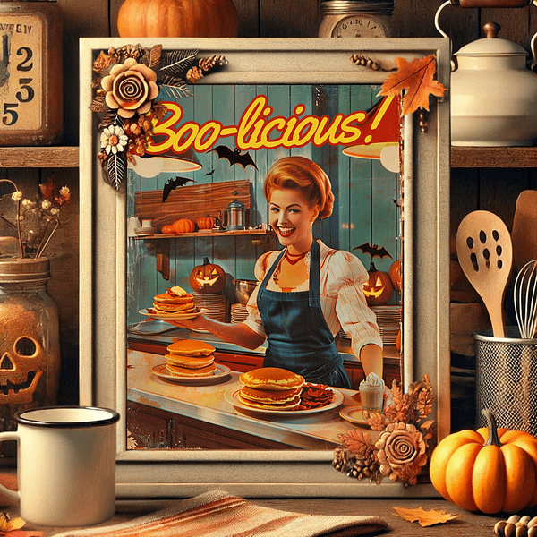 Retro Halloween Poster featuring a cozy pancake diner scene. Warm tones of orange, brown, and cream highlight a cheerful woman serving pancakes, surrounded by Halloween decor like pumpkins and bats on the wall.