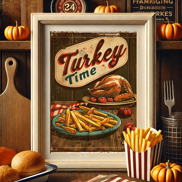 A Retro Thanksgiving Poster is framed on the wall of a rustic buffet with wooden counters. Pies, pastries, and autumn decorations like pumpkins and candles create a warm, welcoming Thanksgiving atmosphere.