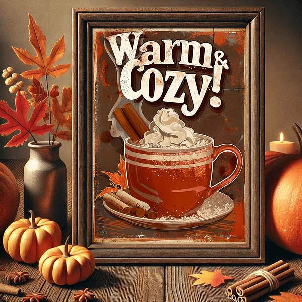 Retro Hot Chocolate poster with a red cup of hot chocolate, whipped cream, and cinnamon on a rustic table. Pumpkins, autumn leaves, and candles create a warm, nostalgic fall vibe in earthy brown and orange tones.