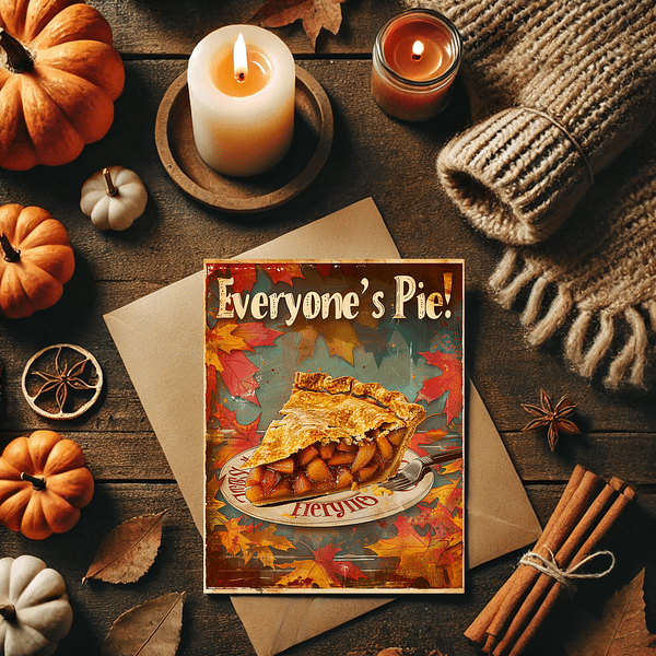 Retro Thanksgiving Decor poster of a slice of apple pie on a wooden table, surrounded by pumpkins, candles, and cinnamon sticks. The warm orange and brown tones evoke a cozy fall atmosphere. Perfect for Thanksgiving or fall decor with nostalgic autumn colors.