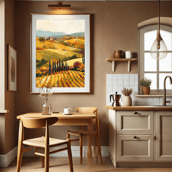 Tuscany travel art in a vertical 3:4 ratio frame above a cozy kitchen breakfast nook. Warm autumn colors in the artwork complement the soft beige walls, wooden table, and simple decor with a vase on the table.