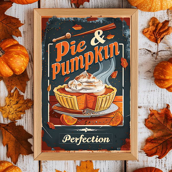 A vibrant retro autumn poster featuring "Pie & Pumpkin" in bold orange and cream lettering on a rustic white wooden table, with small pumpkins and leaves scattered around.