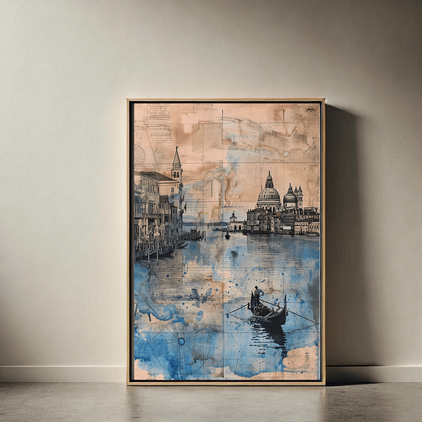 A vertical piece of Venice digital art is displayed in a light wood frame against a beige wall. The soft beige tones highlight the delicate blue and tan shades in the artwork, while the minimalist decor ensures the focus remains on the image.