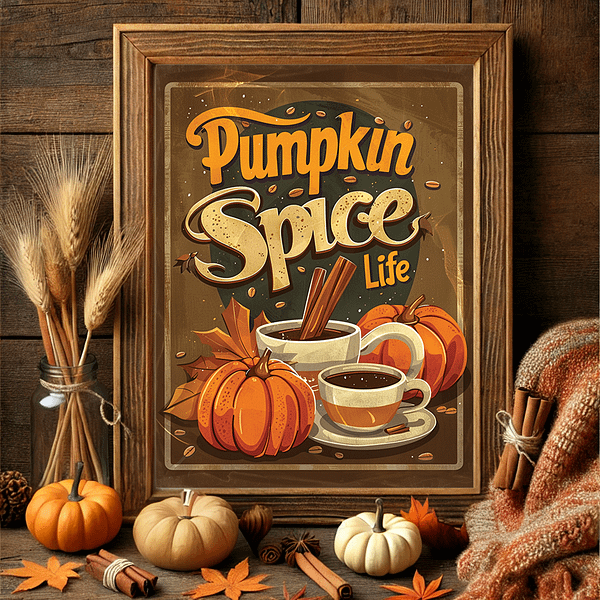 A framed "Pumpkin Spice Life" poster on a rustic wooden surface, surrounded by mini pumpkins, cinnamon sticks, and dried wheat, in warm brown and orange tones, bringing an autumn retro decor vibe.