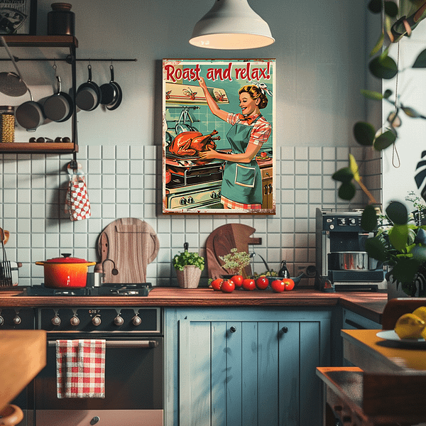 This vibrant mockup features a Retro Thanksgiving Art piece in a cozy kitchen setting. The art shows a joyful 1950s woman preparing a turkey, with a classic stove and retro tiles in the background. The room's warm blue and wooden tones complement the vintage aesthetic.