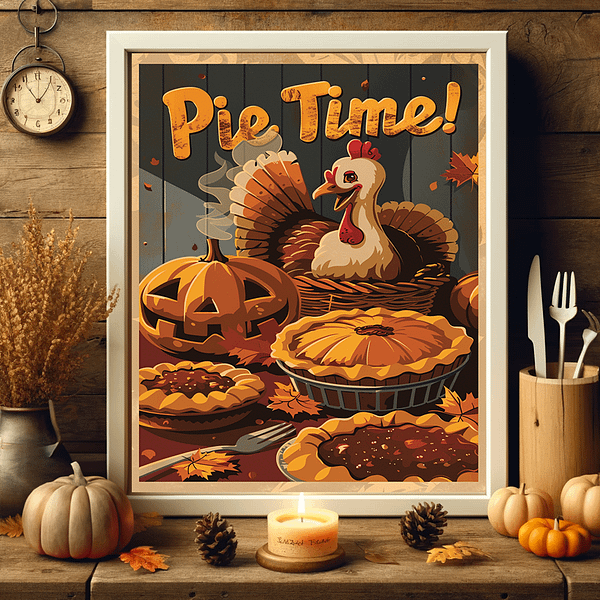 A Funny Fall Poster is framed on a wooden wall in a rustic farmhouse kitchen. The poster features a turkey, pies, and pumpkins. Warm tones of orange, brown, and yellow dominate the scene. A cozy autumn feel is enhanced with small pumpkins, candles, and dried flowers on the table.