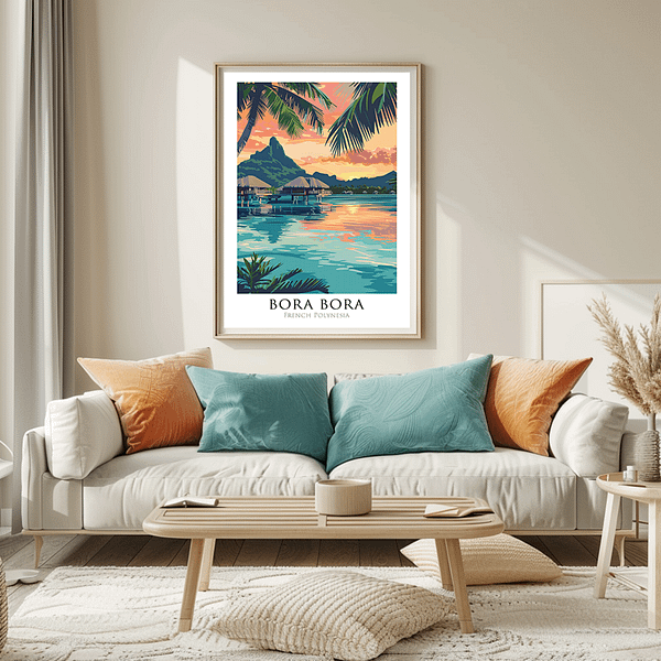 A serene Bora Bora Travel Poster showcasing a beautiful tropical sunset with palm trees and crystal-clear water.