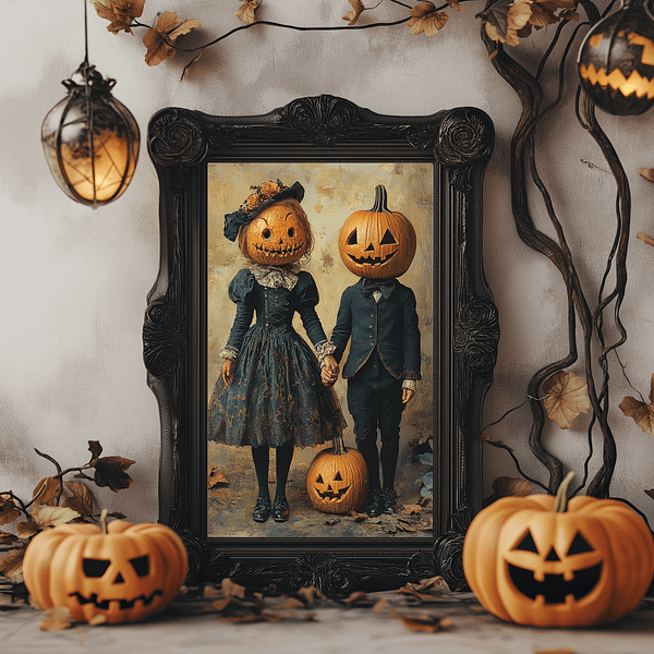 Two figures with pumpkin heads, dressed in Victorian clothing, stand in a black ornate frame. Pumpkins surround Victorian Halloween Art, autumn leaves, and vintage lanterns, all in warm tones of orange and brown, set against a gray wall.