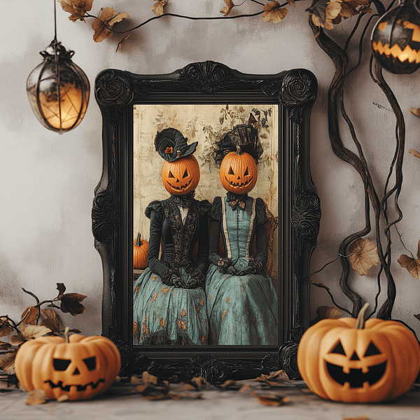 Gothic home decor Victorian pumpkin head art in a black ornate frame, surrounded by pumpkins and hanging lanterns.