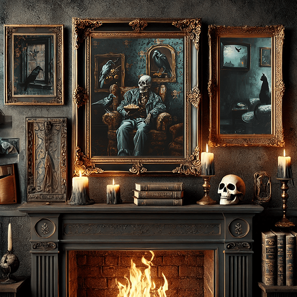 A dark gothic poster showing a skeleton sitting in a vintage armchair with a bowl of popcorn. Ravens perch around the room in a dimly lit Victorian-style living room with dark floral wallpaper and muted lighting. The colors are brown, green, and gray.