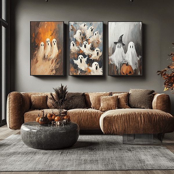 A group of lively white ghosts floats amidst orange and blue autumn tones, conveying a playful Halloween spirit. Set against a painterly background, this Halloween Ghost Decor adds festive charm to any room.