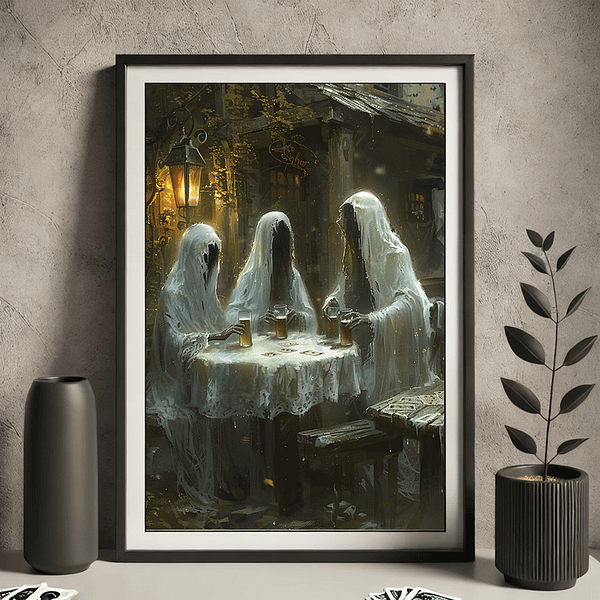 Three ghosts sit at a table in an outdoor rustic setting, each with a beer. The dim lantern highlights the ethereal figures, adding spooky yet cozy vibes to this Spooky ghost art piece.