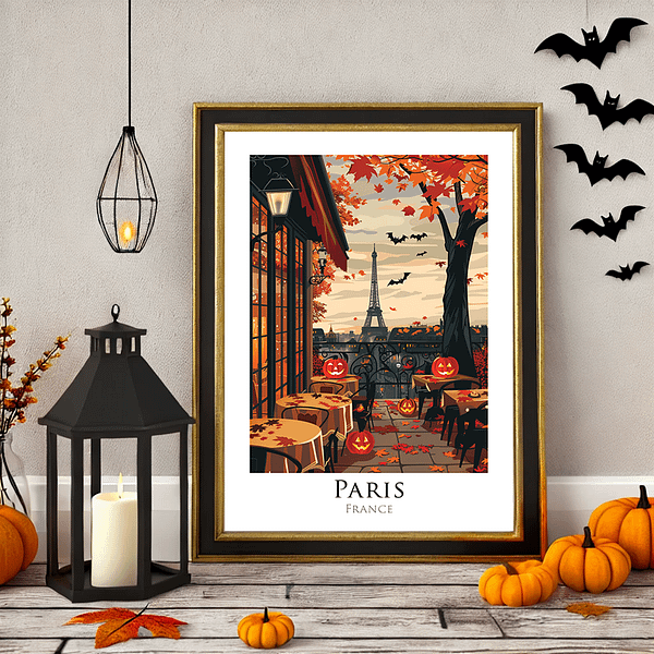 Paris café with glowing pumpkins on the tables and a view of the Eiffel Tower in the fall. A lantern and pumpkin-themed decorations in soft autumn colors like orange and brown add a subtle Halloween touch. The image exudes warmth with neutral gray walls and wooden textures.