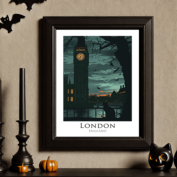 A framed Halloween London Art piece featuring Big Ben at night, surrounded by bats. The decor includes black candles and pumpkin figures in a warm, gothic room with neutral beige walls.