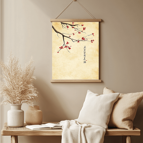 Minimalist Japanese blossom art with cherry blossoms and calligraphy, ideal for Japandi or zen-style decor.