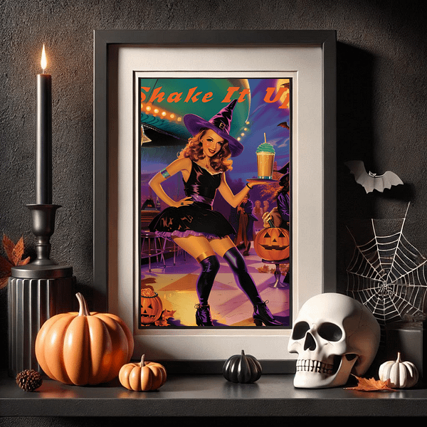 A framed retro Halloween decor on a black shelf with a skull, black candle, and orange pumpkins. Warm candlelight and rich colors evoke a spooky yet cozy Halloween vibe.