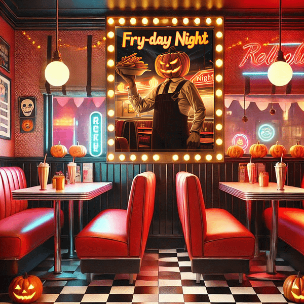 A lively retro diner mockup featuring a 3:4 framed Retro Halloween Diner Art. Neon signs, pumpkins, and checkered tiles create a nostalgic 1950s diner atmosphere.