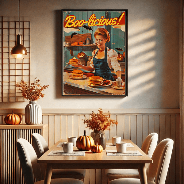 A Retro Halloween Poster showcases a vibrant 1950s diner with neon lights. Pumpkins decorate the space; cozy reds and oranges enhance the nostalgic atmosphere.