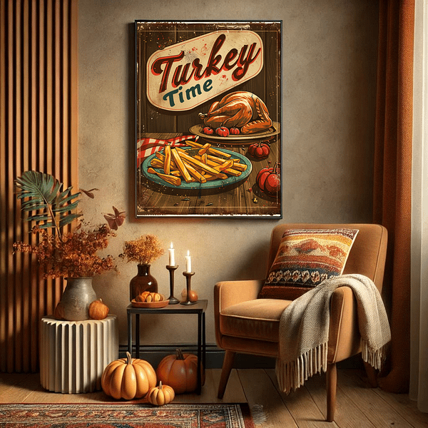 A cozy reading nook with the Retro Thanksgiving Poster on the wall. A warm armchair, candles, and pumpkins fill the room. Soft lighting emphasizes the vintage, nostalgic feel, perfect for Thanksgiving.