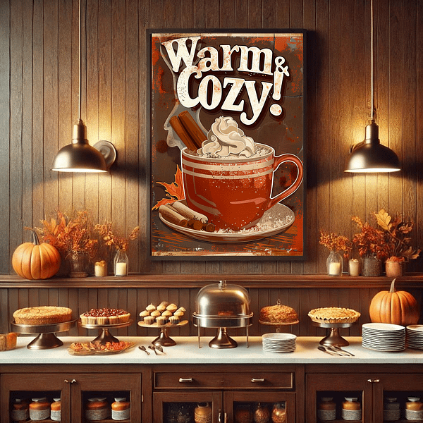 This framed Retro Hot Chocolate poster is in a cozy kitchen with pies, cupcakes, and pumpkins. Warm autumn colors like orange, brown, and gold create a nostalgic fall feel.