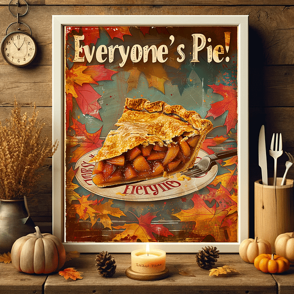 Retro Thanksgiving Decor featuring a framed apple pie poster on a wooden shelf, surrounded by pumpkins, candles, and wheat stalks. The wood tones and orange leaves highlight the rustic fall theme, creating a nostalgic and warm ambiance for Thanksgiving.