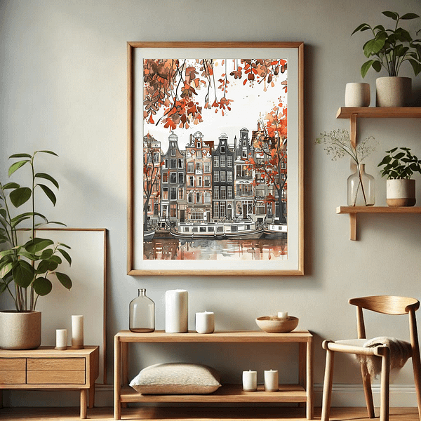 Amsterdam autumn art print in a cozy living room featuring warm brown and beige tones. The room has a wooden shelf, potted plants, and simple decor, complementing the artwork's vibrant autumnal colors.