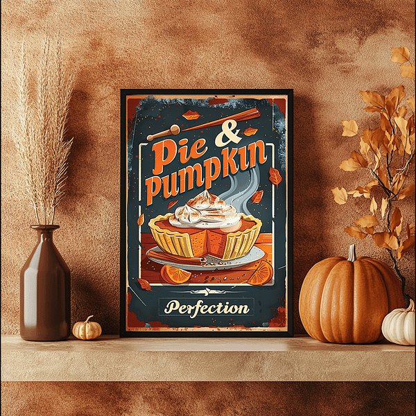 This mockup shows the retro autumn poster framed in a warm, cozy living room. The cream walls are decorated with soft fall hues, dried plants, and pumpkins.