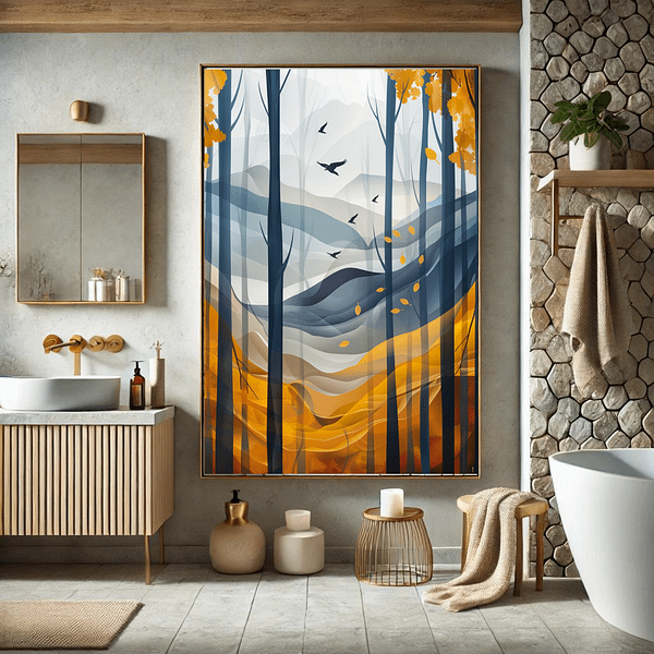 This Aspen Autumn Wall Art is shown in a modern bathroom with natural stone walls, a wooden sink console, and soft lighting. The vibrant autumn colors of the artwork complement the warm, neutral tones