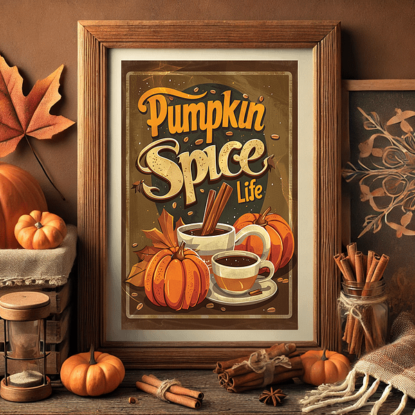 "Pumpkin Spice Life" poster with a wooden frame, set against an earthy brown background, accompanied by autumn leaves and mini pumpkins, evoking a cozy fall atmosphere for any home.