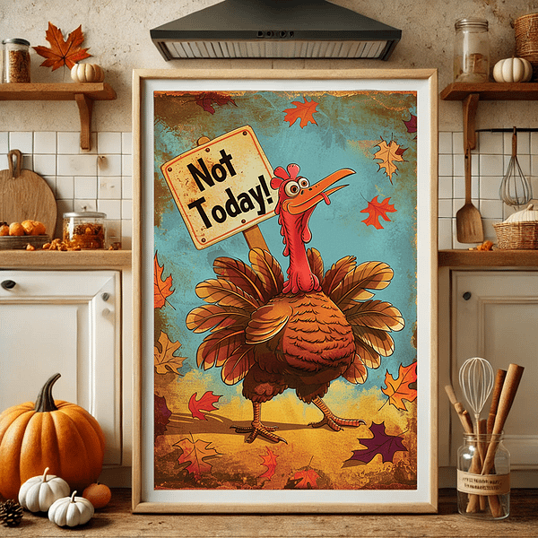 "Funny Thanksgiving Art" poster of a turkey with a "Not Today" sign, hung on a kitchen wall surrounded by rustic wooden shelves, pumpkins, and utensils. Warm brown, orange, and red hues set a cozy fall ambiance in this cheerful kitchen space.