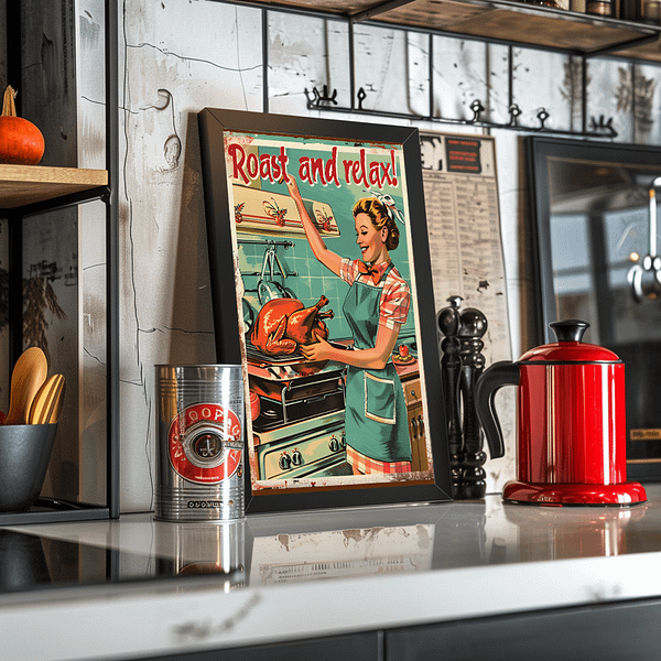 Retro Thanksgiving Art displayed on a modern kitchen counter, framed in black. The humorous image of a 1950s woman with a turkey adds a playful touch to the silver, red, and wooden kitchen décor, creating a fusion of vintage and modern style.