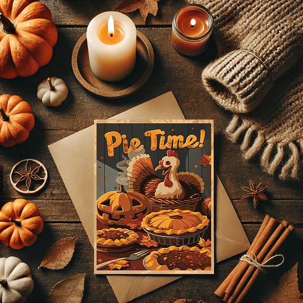 This Funny Fall Poster mockup shows the poster placed on a wooden table with a cozy fall setting. The table is surrounded by pumpkins, cinnamon sticks, candles, and autumn leaves. Warm brown, orange, and cream tones create a welcoming fall atmosphere, perfect for the season.