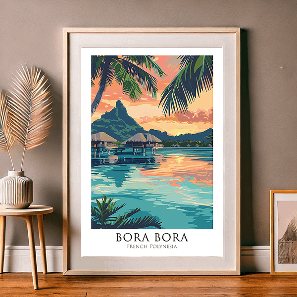 A vibrant Bora Bora Travel Poster capturing the tranquil beauty of the French Polynesian islands at dusk.