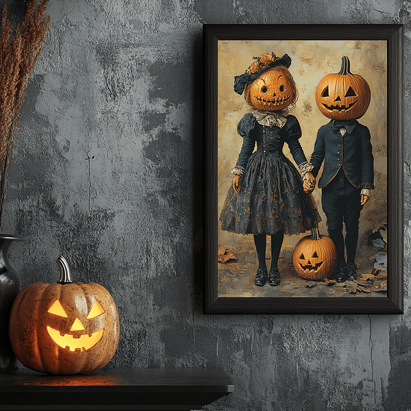 This mockup shows two pumpkin-headed figures in a black Victorian frame on a textured gray wall. The Victorian Halloween Art is complemented by a lit jack-o-lantern and dark-toned furniture, enhancing the eerie atmosphere