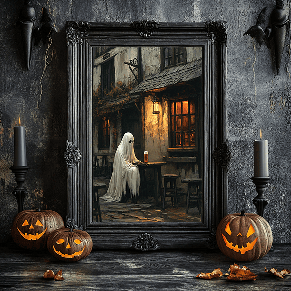 This Gothic Wall Art showcases a ghost in a pub, framed in an ornate black Victorian frame. Glowing jack-o-lanterns and gothic candles surround it. The scene is illuminated by soft orange and yellow tones, with the dark wood and black walls enhancing the spooky atmosphere.