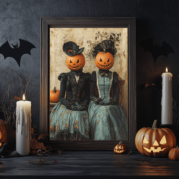 Gothic home decor Victorian pumpkin head artwork framed with spooky candles, bats, and pumpkins.