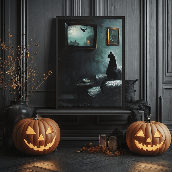 This is a dark gothic poster with a raven perched on a worn windowsill peering into the room. The backdrop features dark floral wallpaper, an aged window frame, and faded flowers. The scene has a haunted, melancholy feel, with dark shades of black and green.