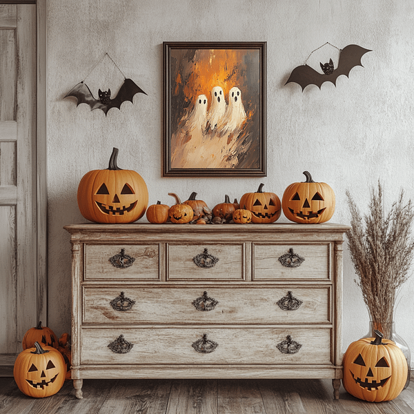 Three white ghost figures emerge from swirling orange flames, creating a spooky, fiery autumn scene. The warm tones of this Halloween Ghost Decor capture the cozy yet eerie atmosphere of the season.