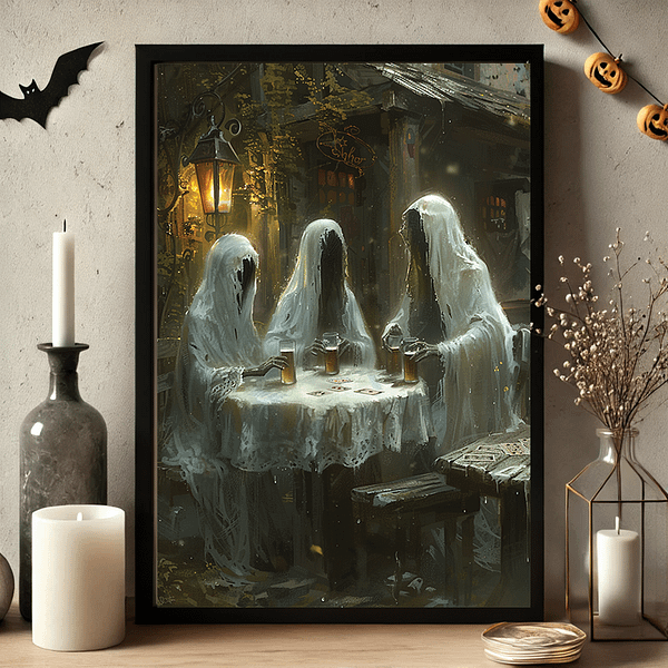 Ghosts gather at a wooden table, playing cards and drinking beer under the soft glow of a vintage lantern. This Spooky ghost art combines humor and spookiness in a cozy, haunted pub setting.