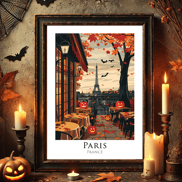 A vibrant scene of a Parisian balcony with Halloween-themed pumpkins and autumn leaves. The Eiffel Tower stands in the background while candles flicker beside cozy decorations. Bats add a spooky charm to the elegant setting of wood, beige, and orange hues.