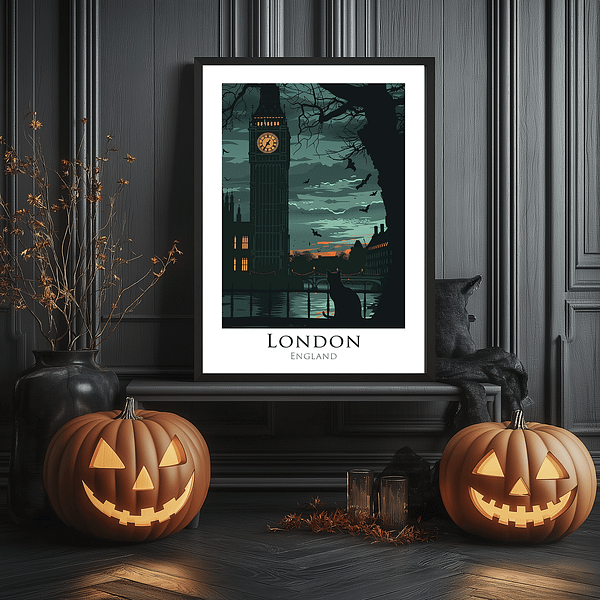 A large framed Halloween London Art print of Big Ben with bats, set against a dark, gothic wall. The room features glowing jack-o'-lanterns and autumn leaves, creating a cozy, spooky vibe.