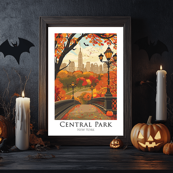 A Halloween NYC Art print featuring Central Park's fall colors in a dark-themed room with candles, bats, and carved pumpkins. The print shows a bridge surrounded by red and orange leaves, lit by street lamps against a cloudy autumn sky.