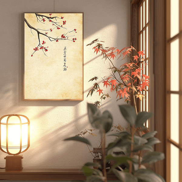 Peaceful Japanese blossom art showcasing a branch with red cherry blossoms and calming calligraphy.