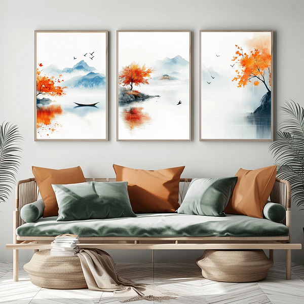 This cozy room features Japandi autumn decor prints in wooden frames. The vibrant autumn art complements natural pottery, earthy-toned cushions, and wooden decor for a warm, inviting space.