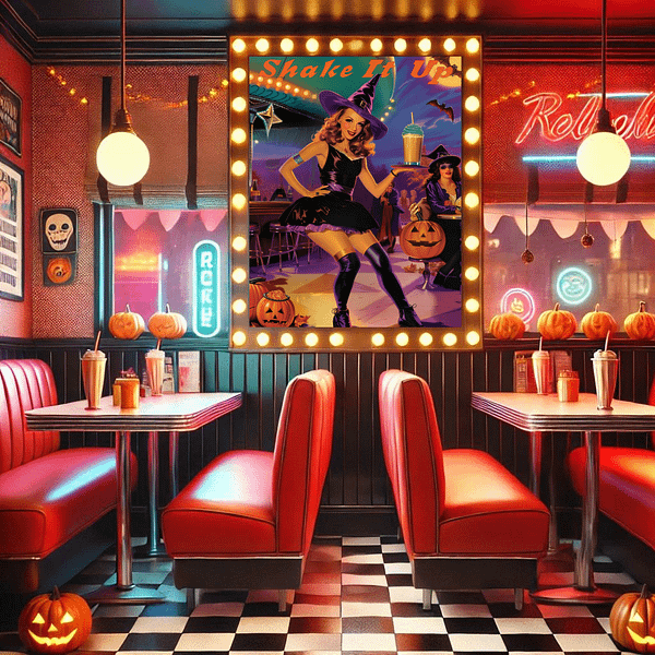 Retro Halloween decor inside a 1950s diner. Red vinyl booths, glowing neon signs, and pumpkins surround the frame. This is a nostalgic Halloween scene with vibrant colors and cozy diner vibes.