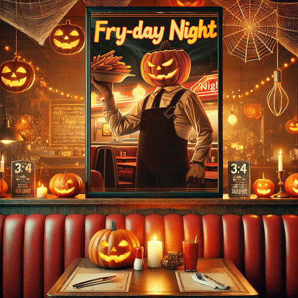 A Halloween-themed café with a 3:4 picture frame on the wall, displaying Retro Halloween Diner Art. The warm lighting, jack-o’-lanterns, and festive candles give a spooky yet cozy ambiance.