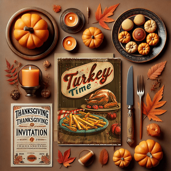 A Retro Thanksgiving Poster is surrounded by Thanksgiving-themed items like an invitation, pumpkins, candles, and fall leaves. The warm autumn colors create a nostalgic and festive atmosphere.